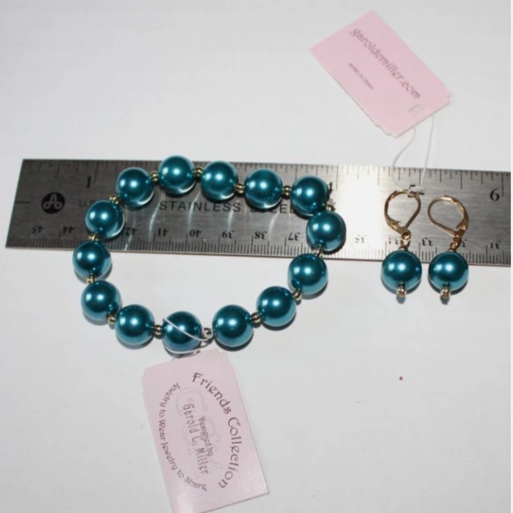 Garold C Miller Friends Collection Teal Faux Pearl Jewelry Set Bracelet Earrings